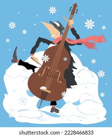 Winter. Snow. Cellist playing cello.
Winter concert. Snowflakes. Smiling cellist playing music with inspiration