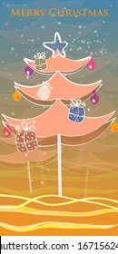 Winter snow Christmas tree with gifts