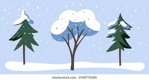 Winter snow city park background. Winter landscape. Season greetings card backdrop. Colorful flat vector illustration.