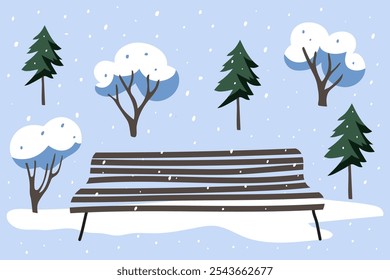 Winter snow city park with bench on front view. Winter landscape. Season greetings card background. Colorful flat vector illustration.