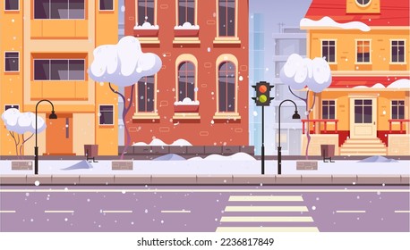 Winter snow city street building snowy urban house. Vector flat graphic design element concept illustration