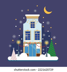Winter Snow Cityscape City Village Real Estate New Year Christmas Day and Night Background Modern flat design Christmas house on night sky background, flat style