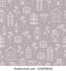 Winter snow cityscape seamless pattern. Cute houses and trees. Vector illustration.