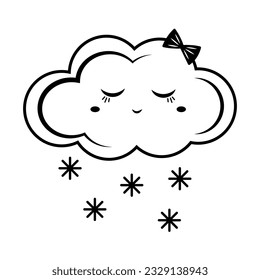 Nube de nieve de invierno, dibujos animados estilo copo de nieve. Resumen símbolo de color plano del tiempo frío. Vector