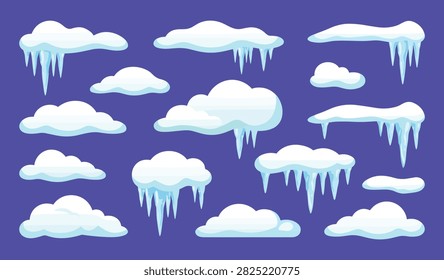 Winter snow cloud collection illustration, icy weather elements with icicles, seasonal nature design set