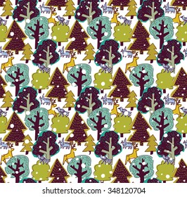 Winter snow color forest and wild animals seamless pattern. Wallpaper with trees and animals. Color vector illustration. EPS8