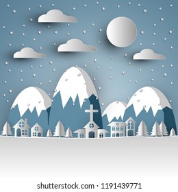 Winter Snow Countryside Village with full moon,Happy new year and Merry Christmas, paper art and digital craft style.