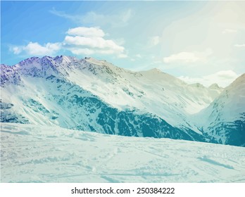 Winter snow covered Alpine mountain.