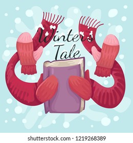 Winter snow with cozy knitted clothes, mittens and a scarf holding the book. Logo and print fantastic fairy tale. Christmas decorations with winter season objects. Flat cartoon vector illustration.