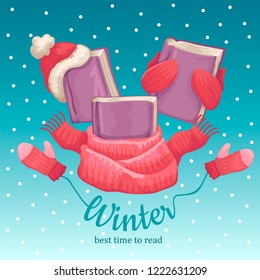 Winter snow with cozy knitted clothes, mittens and a scarf holding the book. Logo and print fantastic fairy tale. Christmas decorations with winter season objects. Flat cartoon vector illustration.