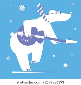 Winter. Snow. Cute bear playing music on guitar. Cute bear playing guitar and singing. Illustration on blue background