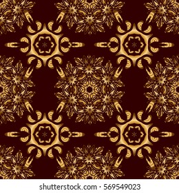Winter snow design wallpaper. Vector illustration. Symbol holiday, New Year 2018 celebration. Golden glitter snowflakes on a brown background. Christmas gold snowflakes seamless pattern.