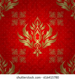 Winter snow design wallpaper. Vector illustration. Golden glitter snowflakes on a red background. Christmas gold snowflakes seamless pattern. Symbol holiday, New Year 2018 celebration.