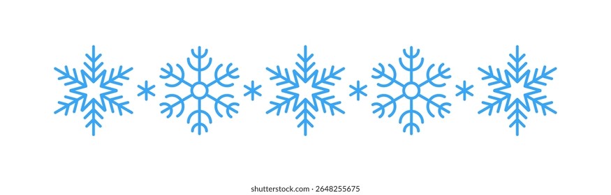 Winter snow divider with blue snowflakes on a white background. Festive Christmas banner, New Year card. Symbol of frosty whether and happy holidays. Vector illustration.