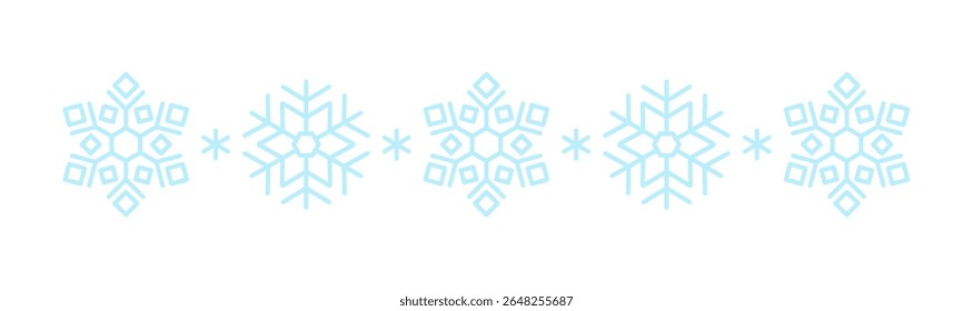 Winter snow divider with blue snowflakes on a white background. Festive Christmas banner, New Year card. Symbol of frosty whether and happy holidays. Vector illustration.