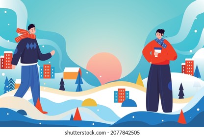 Winter snow festival illustration lidong couple characters outdoor event poster