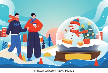 Winter snow festival illustration lidong couple characters outdoor event poster