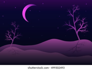 Winter snow field with trees, moon and stars