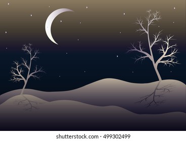 Winter snow field with trees, moon and stars