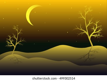 Winter snow field with trees, moon and stars