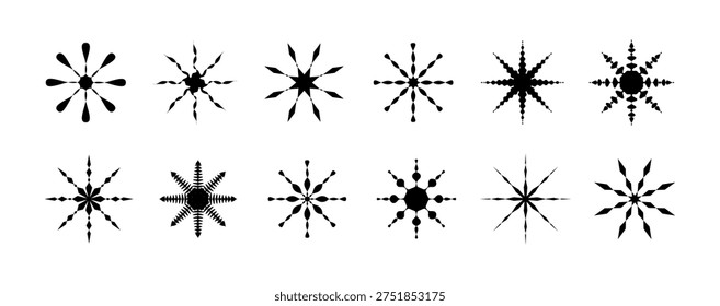 Winter snow flake crystal icons set. Geometric snowflake patterns. Snow flower, star crystal symbol. Vector elements for holiday decoration, festive ornaments and seasonal graphic design projects