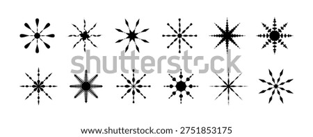 Winter snow flake crystal icons set. Geometric snowflake patterns. Snow flower, star crystal symbol. Vector elements for holiday decoration, festive ornaments and seasonal graphic design projects