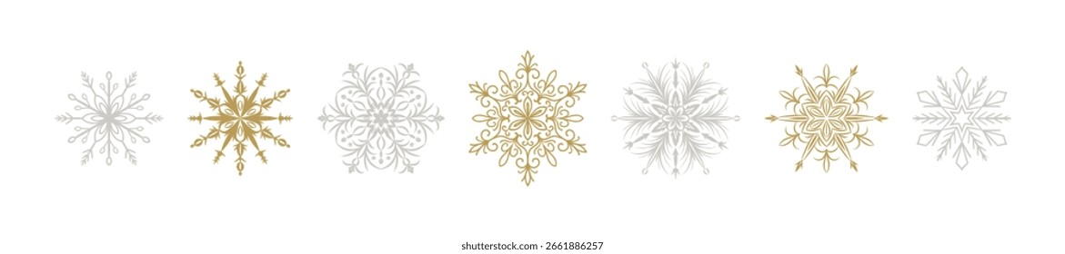 Winterschneeflocke gepflegte Grenze. Frohe Weihnachten und Frohes neues Jahr Grußkarte, Einladung, Banner Design. Goldene und silberne Schneeflocken feiern Hintergrund. Vektorelemente Ornament