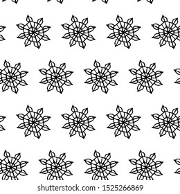 Winter snow flake seamless pattern. Black outline on white background. Picture can be used in christmas and new year greeting cards, posters, flyers, banners, logo etc. Vector illustration. EPS10