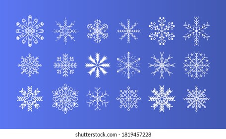La nieve de invierno tiembla un elemento de cristal. Decoración navideña. Conjunto invernal de copos de nieve blancos aislados en el fondo. Buen elemento para la pancarta de Navidad, postales. Ilustración vectorial.