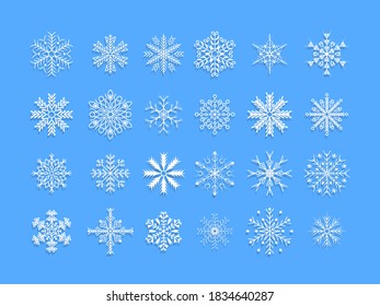 Winter snow flakes crystal element. Winter set of white snowflakes isolated on background. Nice element for Christmas banner, postcards. Christmas decoration. Vector illustration.