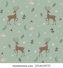 Patrón sin costuras de Navidad de ciervos y pájaros. temporada de vacaciones de hojas botánicas. Bueno para la tela, diseño de moda, textil, Fondo de pantalla, papel de regalo, fondo, telón de fondo, tarjeta de felicitación.