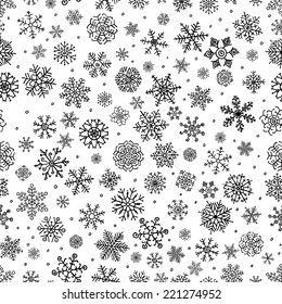 Winter Snow Flakes Doodles. Black and White Seamless Background Pattern. Hand-Drawn Vector Illustration. Pattern Swatch