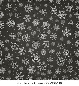 Winter Snow Flakes Doodles. Seamless Background Pattern on Chalkboard Texture. Hand-Drawn Vector Illustration. Pattern Swatch