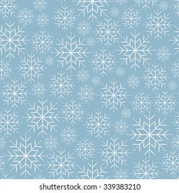 Winter Snow Flakes Doodles. Seamless Pattern on blue background. Hand-Drawn Vector Illustration. 