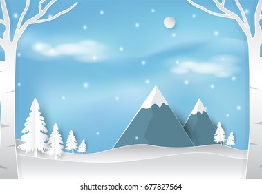 Winter and snow in forest with blue sky landscape nature background. Christmas season paper art style illustration.