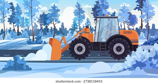 Winter snow forest landscape. Orange snowplow clearing a snowy road in a winter forest. Specialized equipment. Vector Not AI generated