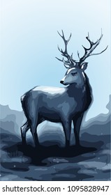 Winter snow forest navy deer with big horns vector art illustration