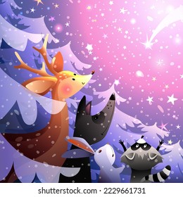 Winter snow forest scene with animals watching shooting stars in sky. Wolf, rabbit, deer and raccoon in winter woods. Christmas or New Year greeting card. Vector illustration in watercolor style.