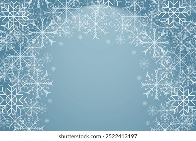 Winter snow frame. Christmas Snowflakes border. Snowy frame frozen background