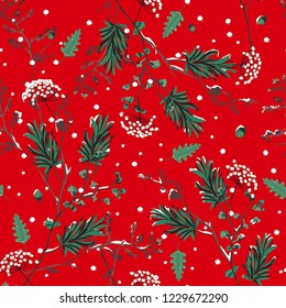 Winter snow in the garden flower delicate soft and beautiful mood Seamless pattern vector ,design for fashion,fabric,wallpaper,and all prints on red background color