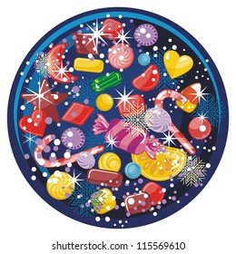 Winter snow globe with assorted candies and seasonal elements