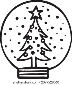 Winter snow globe with Christmas tree drawn vector doodle illustration. Christmas element. Isolated on white background. Hand drawn simple element