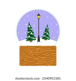 A winter snow globe featuring evergreen trees and a street lamp on a snowy day