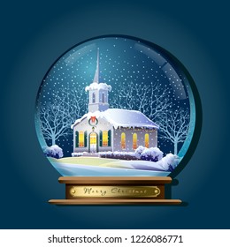 Winter snow globe with a festively decorated church and trees in the snow in the background. Handmade drawing vector illustration. 