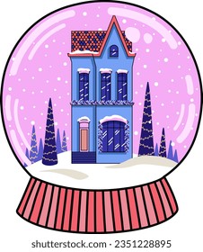 Nieve de invierno con la casa. Bola de nieve de cristal con caída de nieve. Vector.