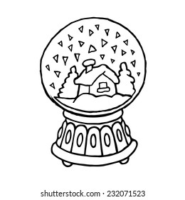 winter snow globe with house and snow inside - cute hand drawn vector black and white hand drawn line 