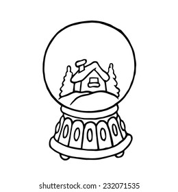 winter snow globe with house and snow inside - cute hand drawn vector black and white hand drawn line 