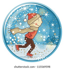 Winter snow globe with ice skating kid and seasonal elements