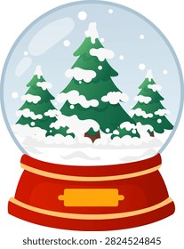 Winter snow snow globe pine tree christmas holiday Winter snow snow globe pine tree christmas holiday scene with evergreen forest inside glass dome, falling snowflake above snowy ground