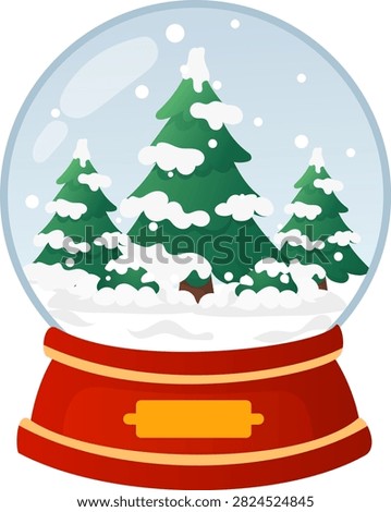 Winter snow snow globe pine tree christmas holiday Winter snow snow globe pine tree christmas holiday scene with evergreen forest inside glass dome, falling snowflake above snowy ground